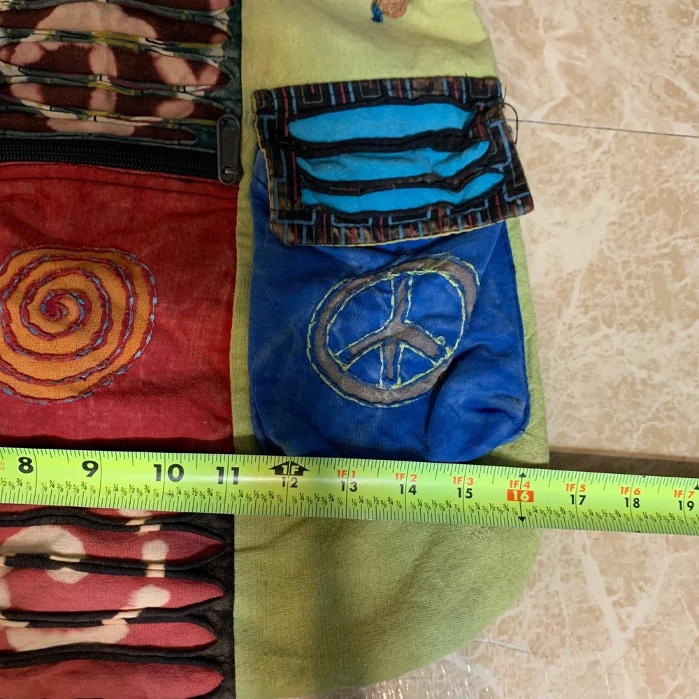 Bohemian Patchwork Hobo Bag Large Multi-Color Peace Sign Hippie Festival Hobo